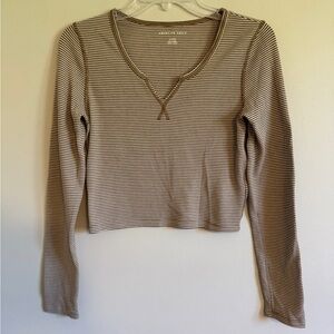 American Eagle Ribbed Brown Stripe Long Sleeve Crop Vneck Tee Medium